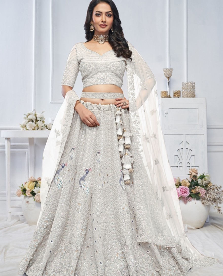 01WHITE - White Designer Embroidered Bridal Wear Lehenga Choli
